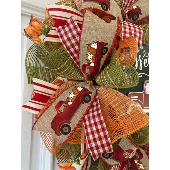 Welcome Red Truck Pumpkin Farmhouse Deco Mesh and Ribbon Fall Autumn Wreath - Picture 3 of 7